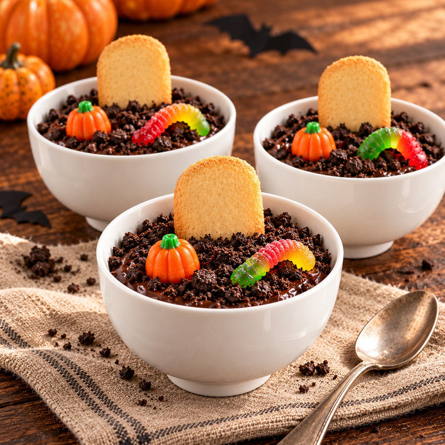 Three ivory-white bowls of Halloween chocolate pudding topped with cookie soil, blank cookie gravestones, candy pumpkins, and gummy worms.