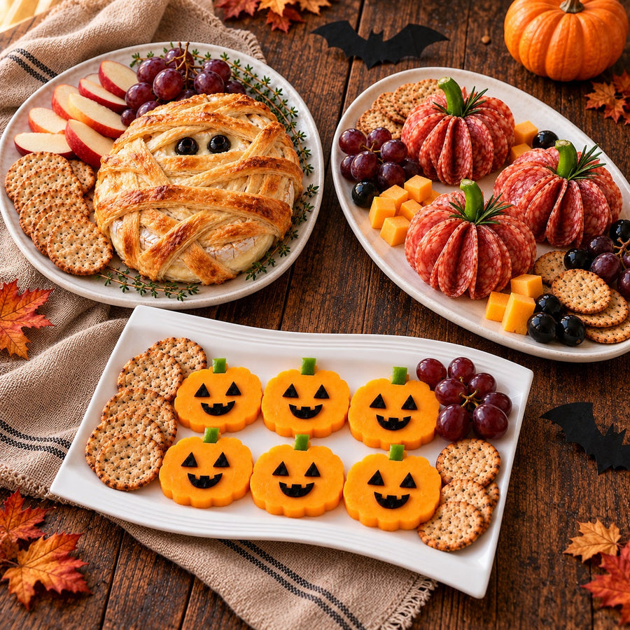 Halloween party platters featuring mummy brie, cheddar jack-o’-lanterns, and salami pumpkins with crackers, fruit, and olives.