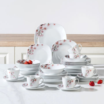 Cherry Blossom Decal Grayish White Porcelain Dinnerware Set