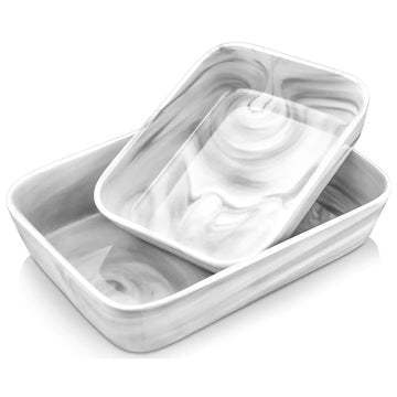 Set of 2 Marble Grey Porcelain Baking Dishes, Rectangular with Non-Slip Base, ideal for baking seafood and serving fresh fruit salads