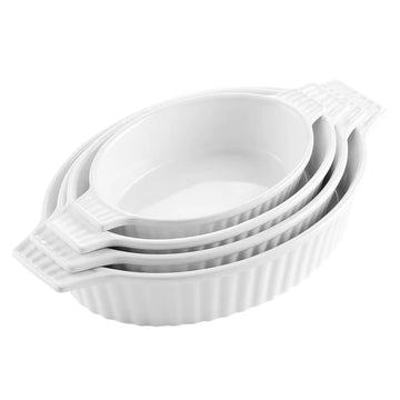 MALACASA Set of 4 white oval porcelain baking dishes in different sizes, perfect for baking and serving gratins, pasta bakes, and roasted meats - White#color_white