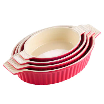 MALACASA Set of 4 red oval porcelain baking dishes in different sizes, perfect for baking and serving gratins, pasta bakes, and roasted meats - Red#color_red