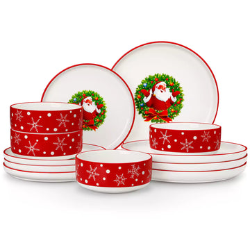 12-piece porcelain Christmas dinnerware set featuring a cheerful Santa Claus design surrounded by playful snowflakes and polka dots, including dinner plates, salad plates, and cereal bowls for four.