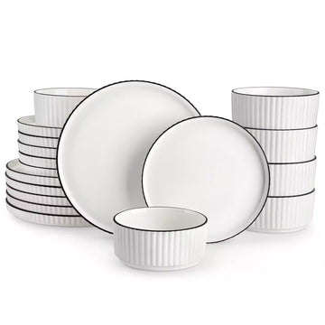 Celeste 18-piece ivory porcelain dinnerware set with black rims for six#color_black-trim