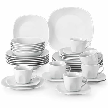 MALACASA Elisa 36-Piece Dinnerware Set With A Soft Off-White Glaze And Rounded Square Shape For A Sleek, Modern Dining Experience.