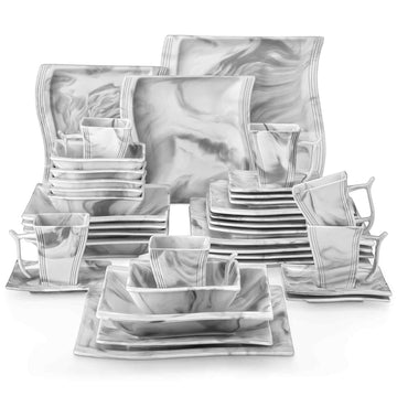 MALACASA Flora 36-Piece Porcelain Dinnerware Set With Wave-Edged Silhouettes And Sleek Geometric Patterns For A Sophisticated Dining Experience - Marble Grey#color_marble-grey