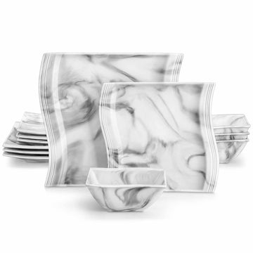 Flora Marble Grey 12 Piece Dinnerware Set with Dinner & Dessert Plates and Bowls#color_marble-grey