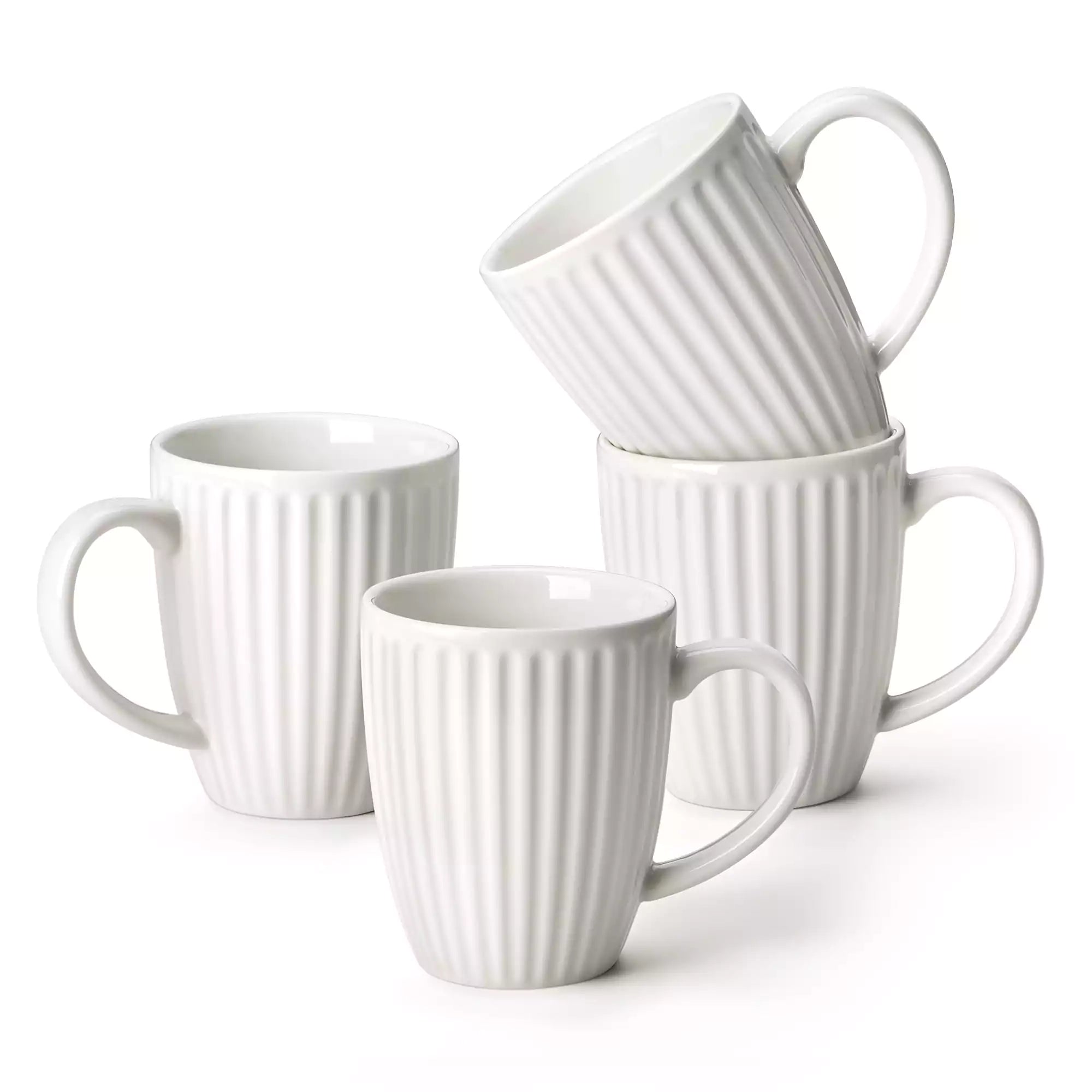 Leila Ivory Ribbed Mug Set (4) - Porcelain Coffee Mugs, 12oz & 16oz