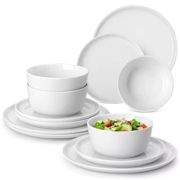 LEXI off-white porcelain dinnerware set including arc-shaped plates with lifted rims and deep rounded bowls#color_white
