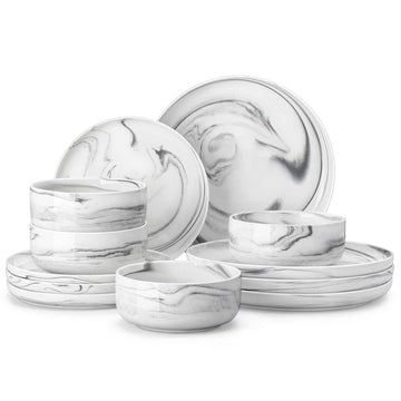 Flat Round Luna 12 Piece Dinnerware Set - Marble Grey#color_marble-grey