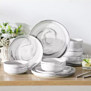Flat Round Luna 24 Piece Dinnerware Set for 8 - Marble Grey#color_marble-grey