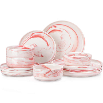 Flat Round Luna 12 Piece Dinnerware Set - Marble Pink#color_marble-pink