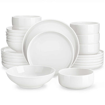 MALACASA Flat Round Luna 24 Piece Dinnerware Set with Soup Plates and Bowls - Ivory White#color_ivory-white