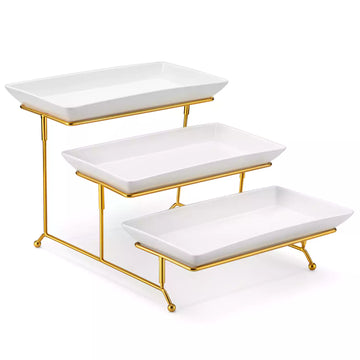 Three-tiered white tray set with gold metal stand on a white background#size_12-inch
