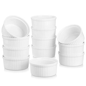 12oz Ivory White Porcelain Ramekins Set of 12, Ideal for Baking Soufflés and Individual Dishes