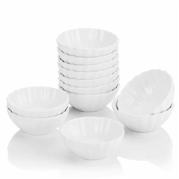 Ivory white 2oz porcelain ramekins set of 12, perfect for baking mini soufflés and serving bread bites, berries, and snacks.