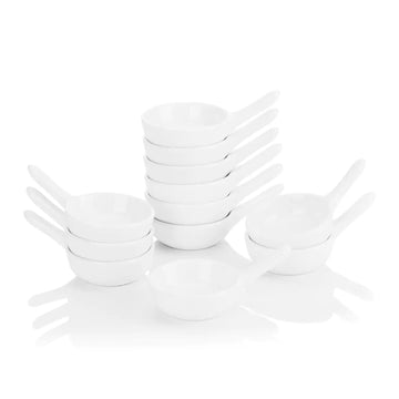 Set of 12 porcelain spoon-shaped ramekin dishes, perfect for serving snacks, sauces, and small bites