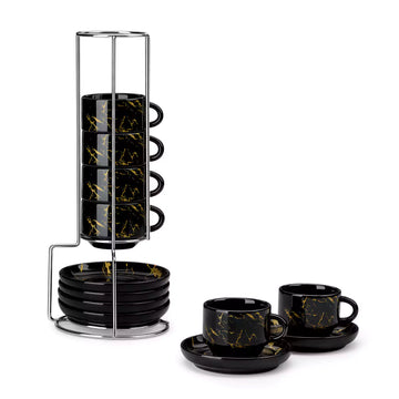 Black marbled coffee cups and saucers with a metal stand on a white background#size_3oz