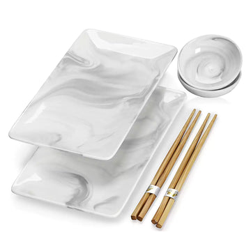 Marble Grey Sushi Serving Dishes Set of 2 with Chopsticks, Bowls, and Serving Platters – Ideal for Serving Sushi, Appetizers, and Dips