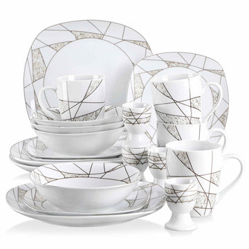 MALACASA Serena 20-Piece Porcelain Dinnerware Set, White with Marble-Colored Natural Elements and Irregular Geometric Patterns