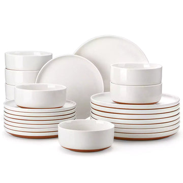 MALACASA Tara 24-Piece Dinnerware Set Featuring Refined Lipped Edges - A Speckled Glaze And A Matte Clay-Colored Base For An Artisanal Touch - Ivory White#color_white