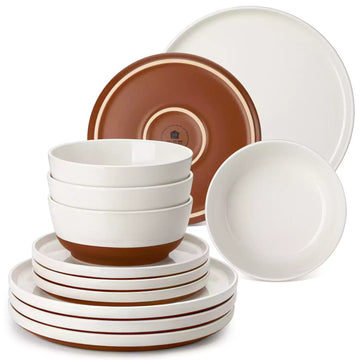 ZORA 18-piece stoneware dinnerware set for 6, including dinner plates, dessert plates, and bowls with ivory glaze and matte clay base.