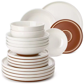 ZORA 24-piece stoneware dinnerware set for 6, including dinner plates, dessert plates, cereal bowls, and soup bowls with ivory glaze and matte clay base.