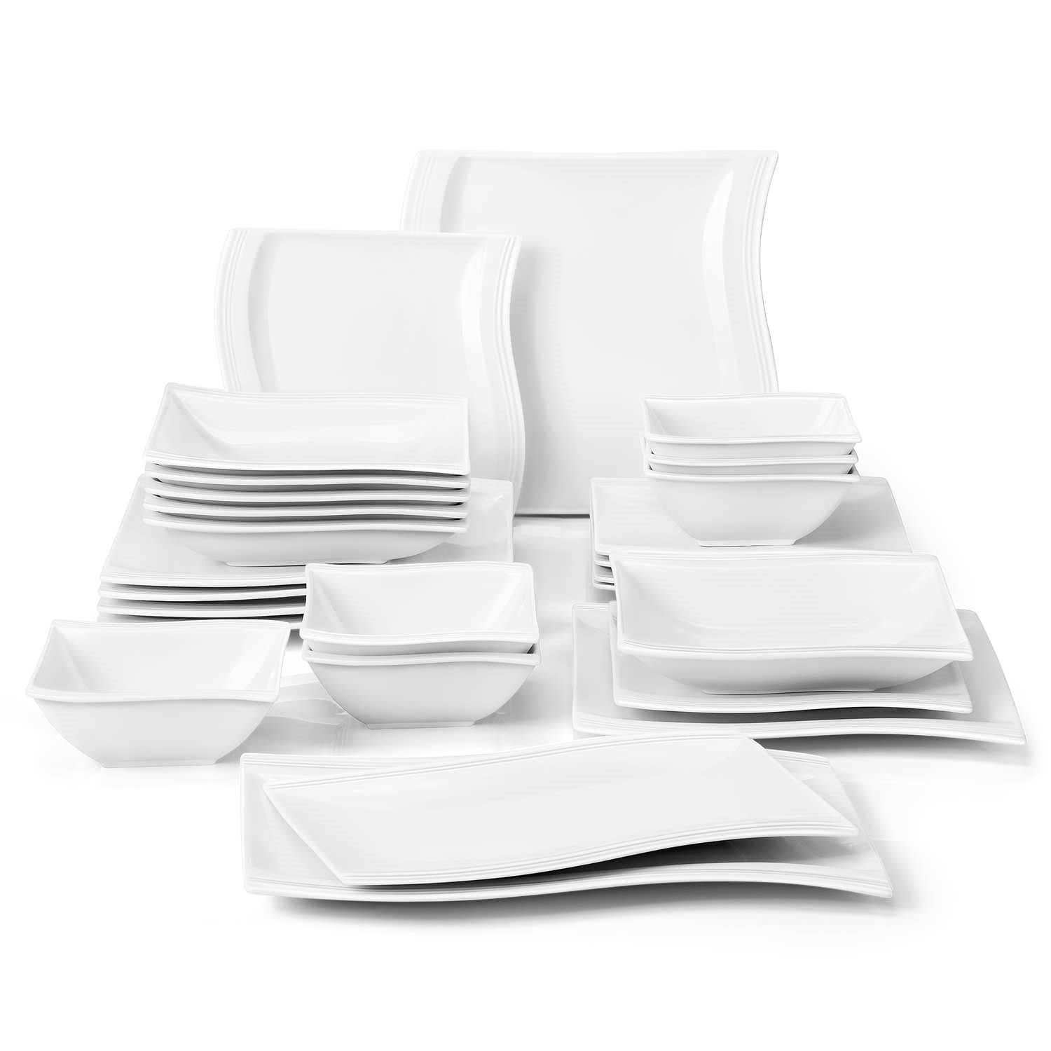 MALACASA, Series ELISA, 48-Piece Porcelain Dinnerware Set, White Dishes  With Black Line, Service for 12 