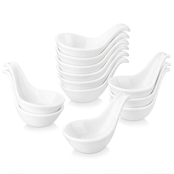Set of 12 ivory white porcelain dipping sauce bowls with handles. #color_ivory-white