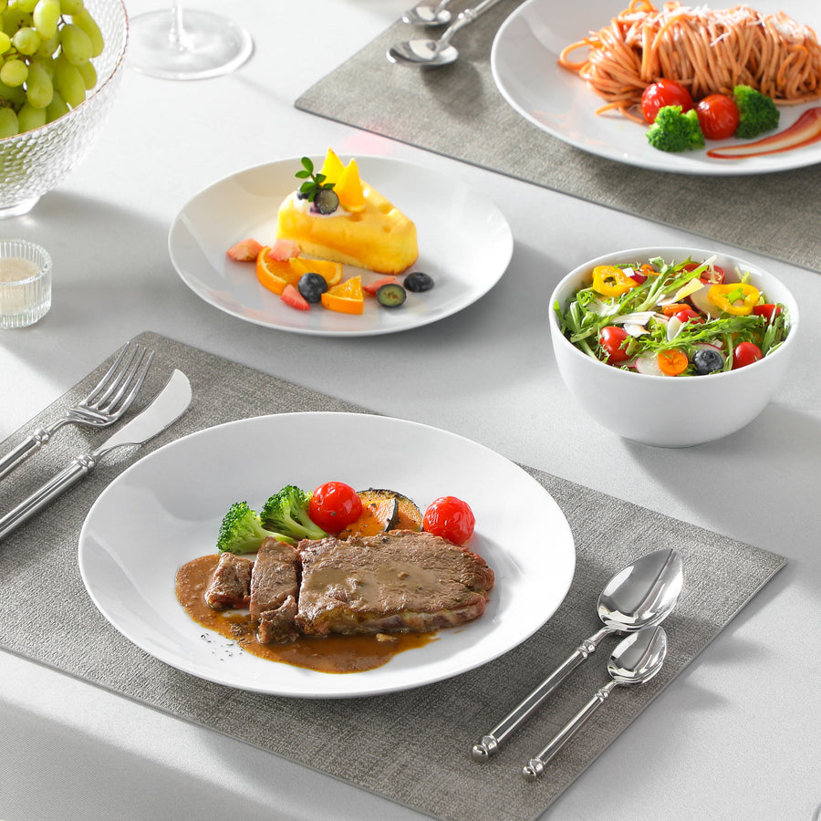 MALACASA Amelia 12-Piece Porcelain Dinnerware Set in Off-White, designed for durability and sophistication in both home and upscale dining environments.