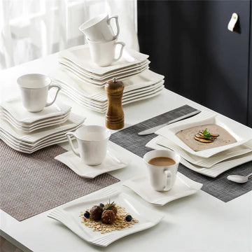 MALACASA Wave-Shape Amparo 30-Piece Porcelain Dinnerware Set with Refined Ivory White Finish