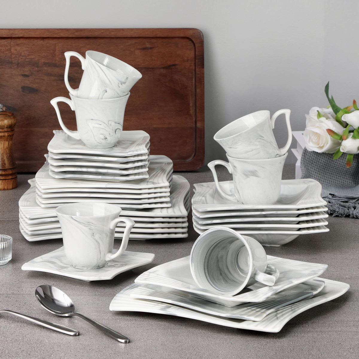 MALACASA Wave-Shape Amparo 30-Piece Porcelain Dinnerware Set in Grey
