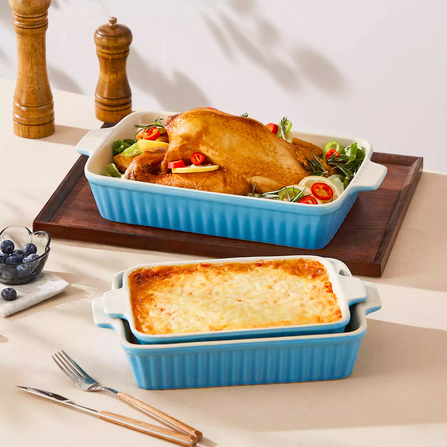 High-glaze porcelain baking dish with baked pasta and melted cheese, showcasing easy-clean surface and oven-to-table serving