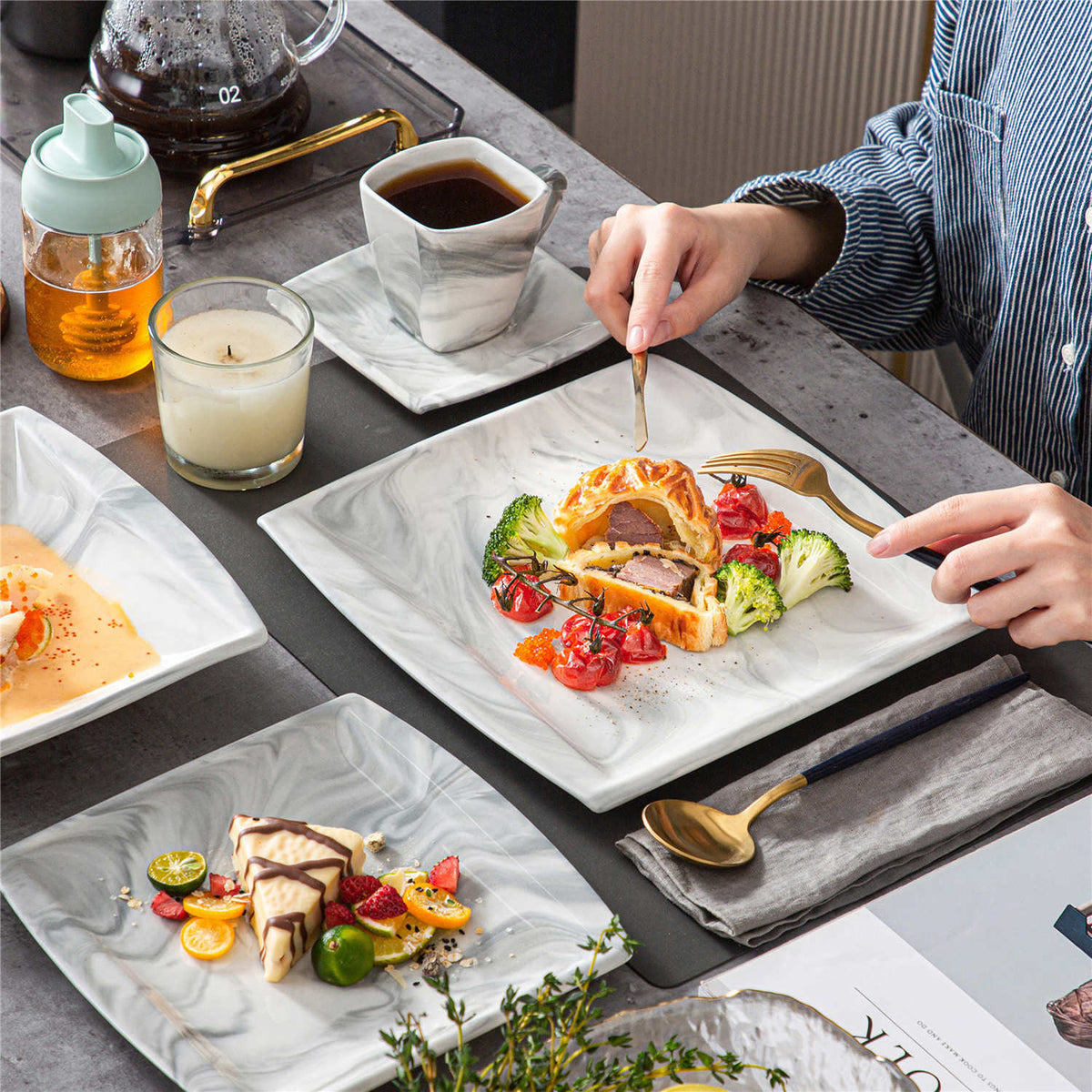 30-Piece Marble Grey Fine Porcelain Dinnerware Set With Square Shape, Ideal For Mixing Textures And Tones In Modern Table Settings.