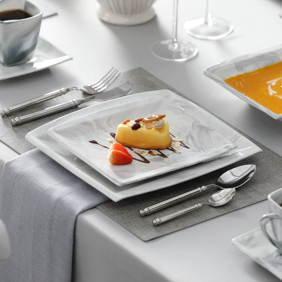MALACASA Blance 30-Piece Dinnerware Set in Marble Grey, a Fine Porcelain Square Set for Six with Thick Edges Designed to Prevent Scalding.