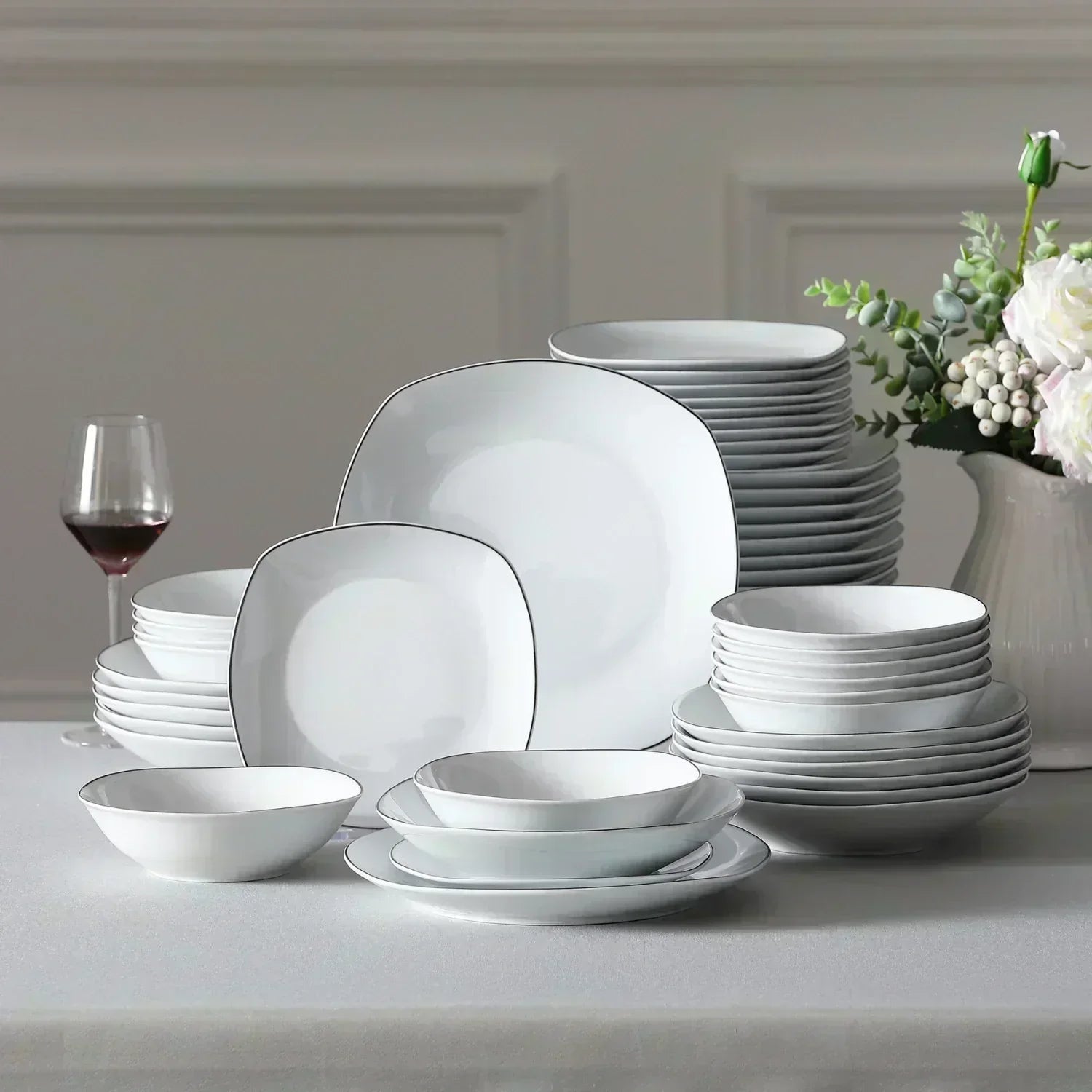 MALACASA Elisa 24-Piece Fine Porcelain Dinnerware Set With Black Trim, Featuring Square Plates That Are Oven, Dishwasher, And Microwave Safe, Designed For Easy Maintenance And Everyday Use.