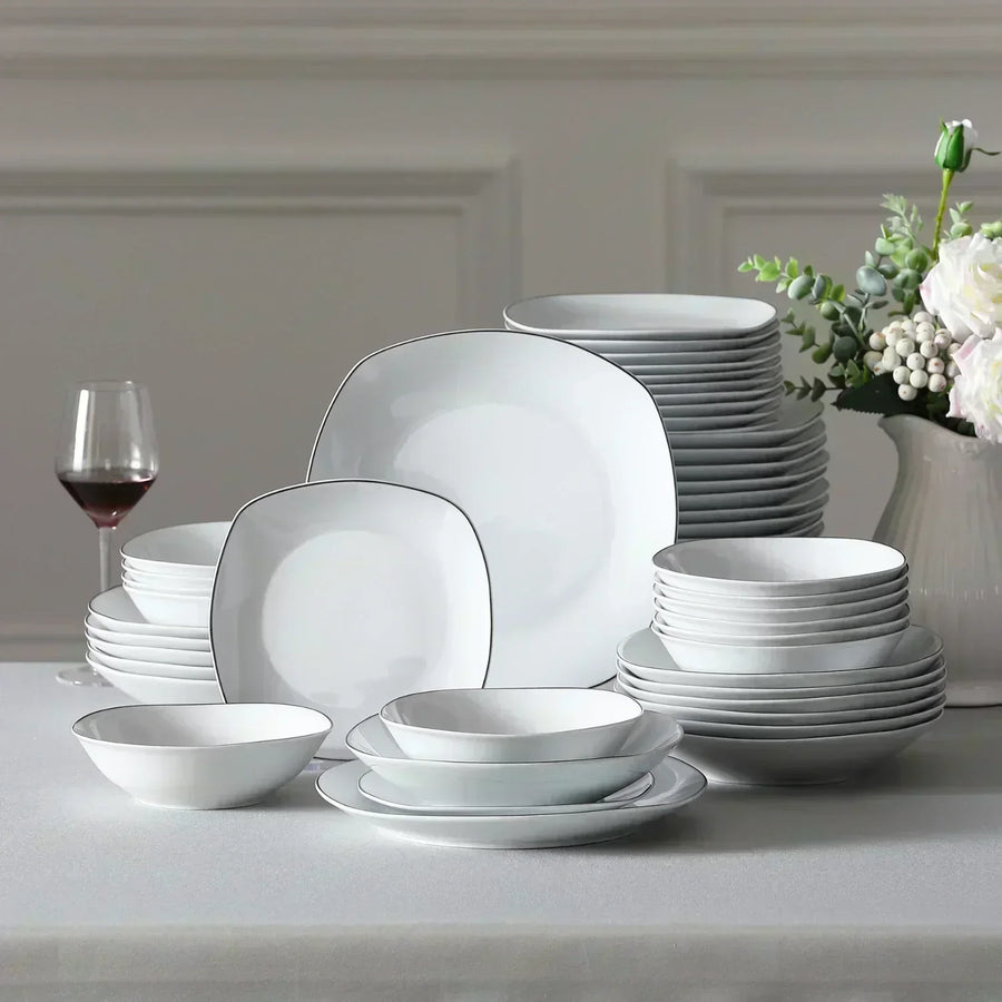 MALACASA Elisa 24-Piece Fine Porcelain Dinnerware Set With Black Trim, Featuring Square Plates That Are Oven, Dishwasher, And Microwave Safe, Designed For Easy Maintenance And Everyday Use.