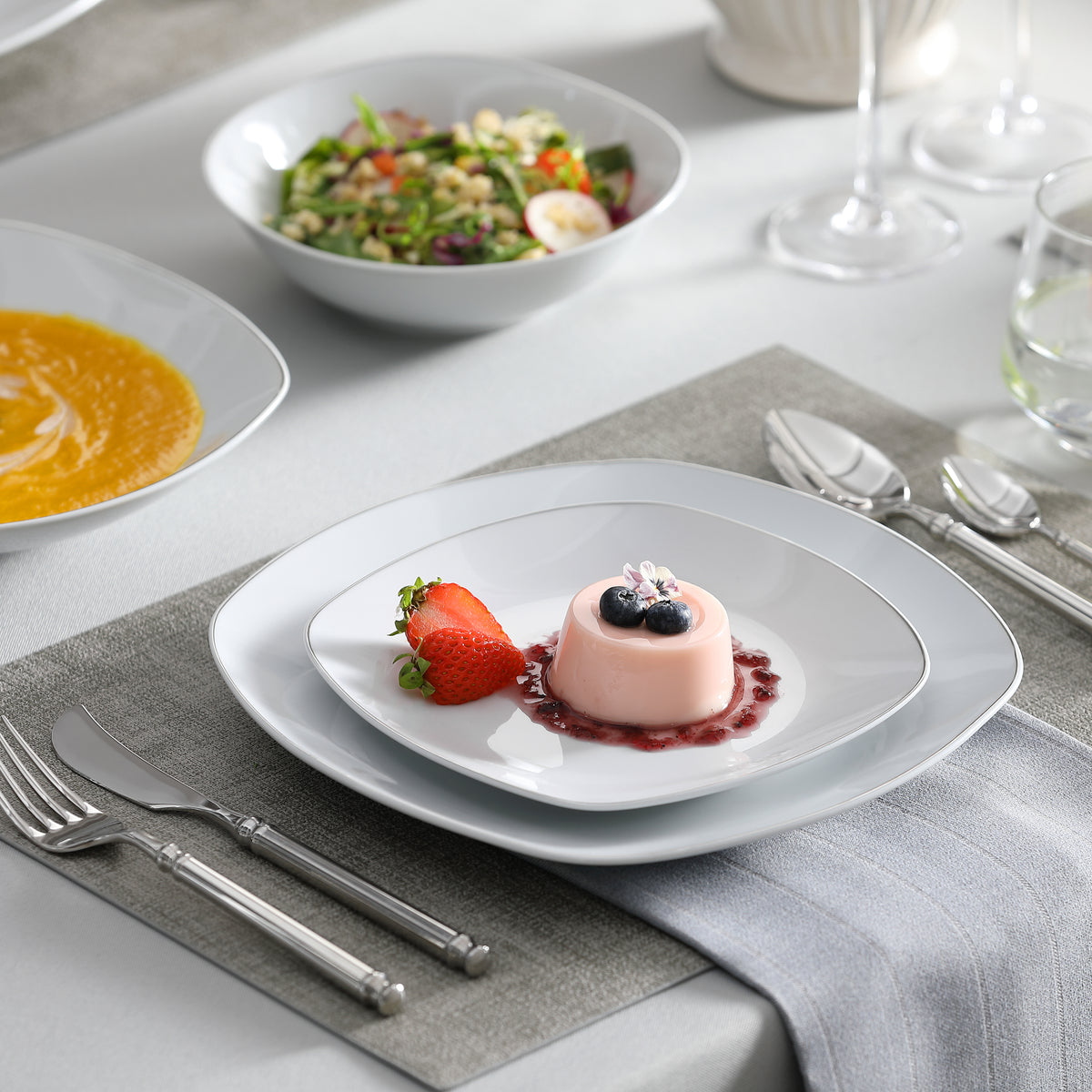 MALACASA Elisa 24-Piece Porcelain Dinnerware Set with Silver Trim, Combining Square and Round Edge Design, Perfect for Elevating Casual Dinners with a Modern and Elegant Feel.
