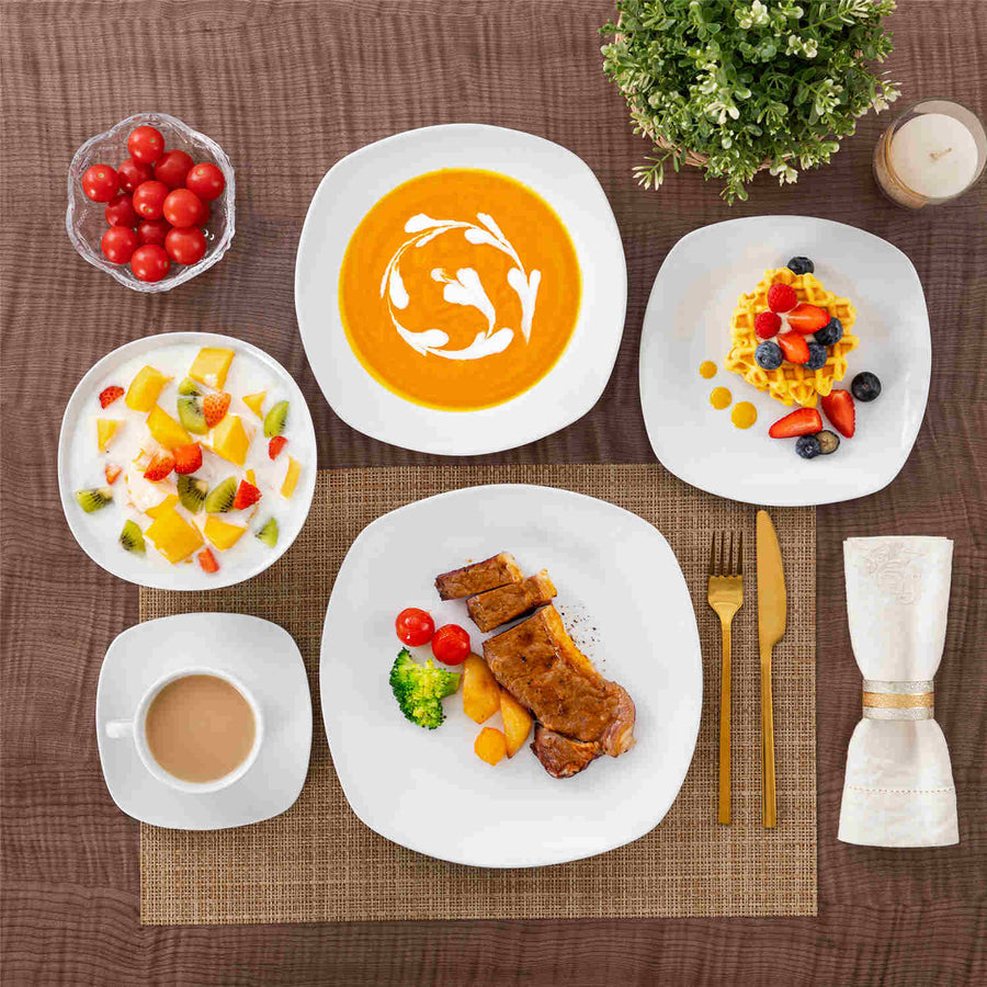 Elisa 36-piece porcelain dinnerware set in off-white, includes plates, bowls, and cups for six
