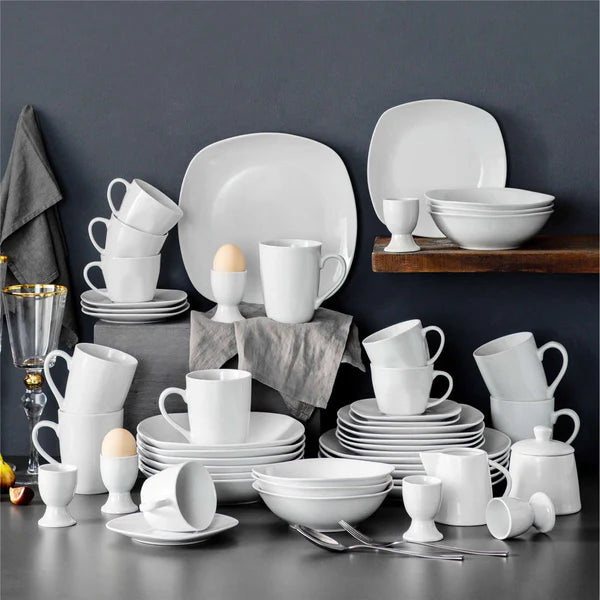 MALACASA Elisa 50 Piece Dinnerware Set In Porcelain, Featuring A Square Design, Perfect For Organizing And Presenting A Crowd-Pleasing Buffet With Style.