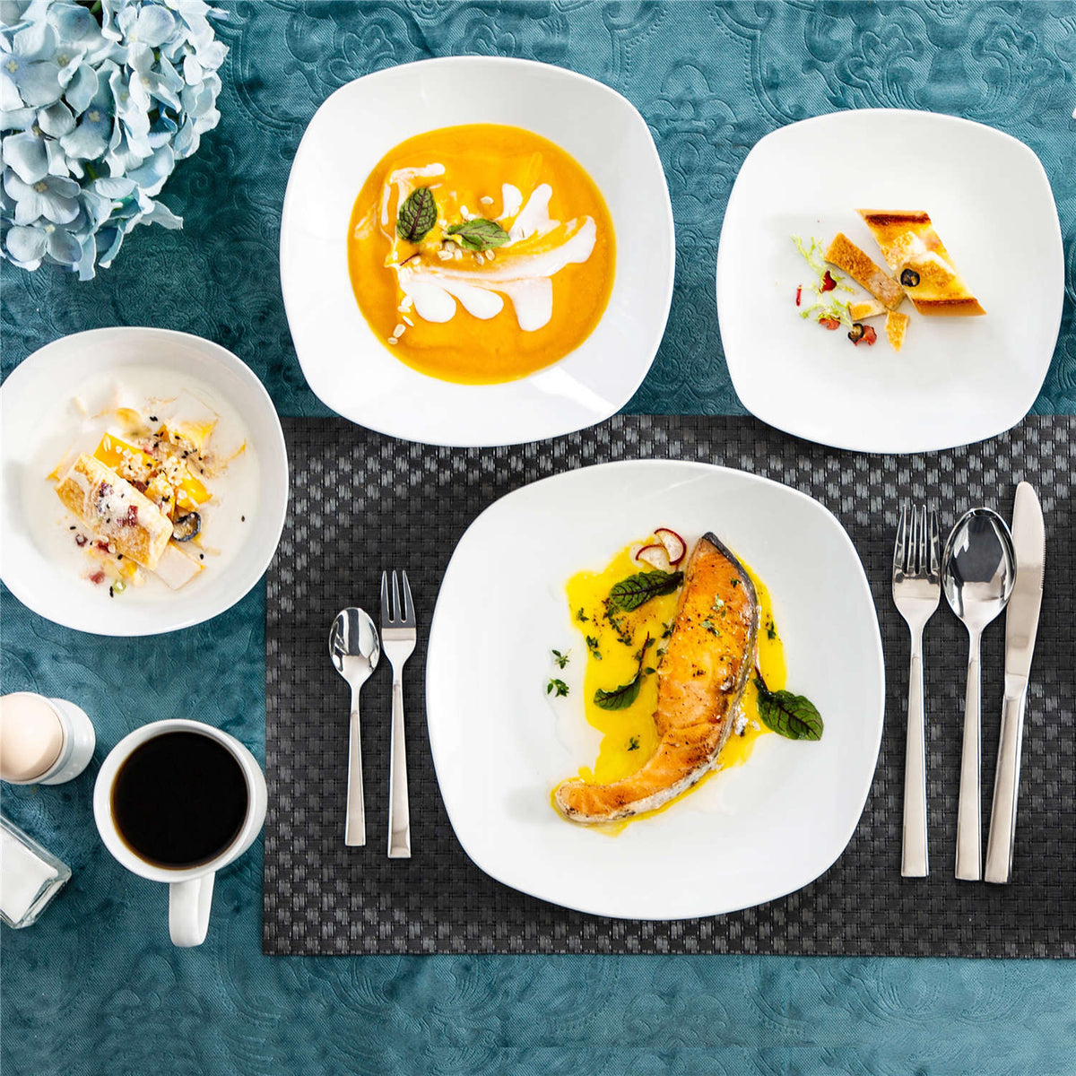 50-Piece White Porcelain Dinnerware Set With Scalloped Edges