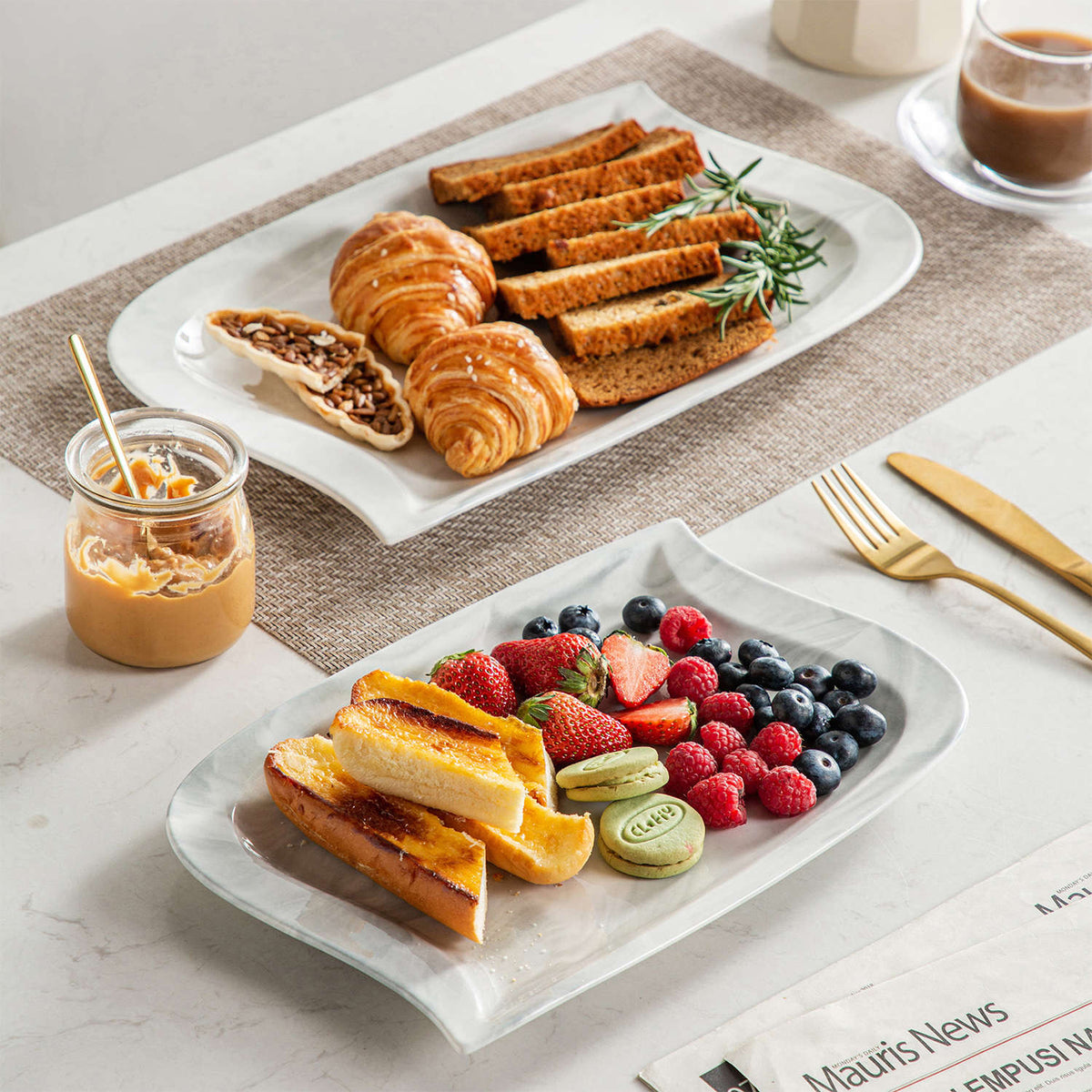 MALACASA Elvira 2-Piece Porcelain Marble Grey Platters Set, Featuring Leaf-Shaped Rectangular Plates, The Unique Design Adds a Touch of Sophistication to Any Table Setting.