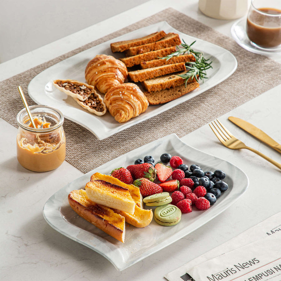 MALACASA Elvira 2-Piece Porcelain Marble Grey Platters Set, Featuring Leaf-Shaped Rectangular Plates, The Unique Design Adds a Touch of Sophistication to Any Table Setting.