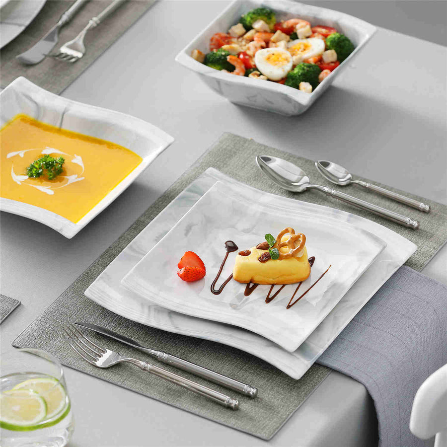 16 Piece Marble Grey Porcelain Dinnerware Set With Wave-Edge Design, Durable, Easy-Care, And Perfect For Everyday Family Use.