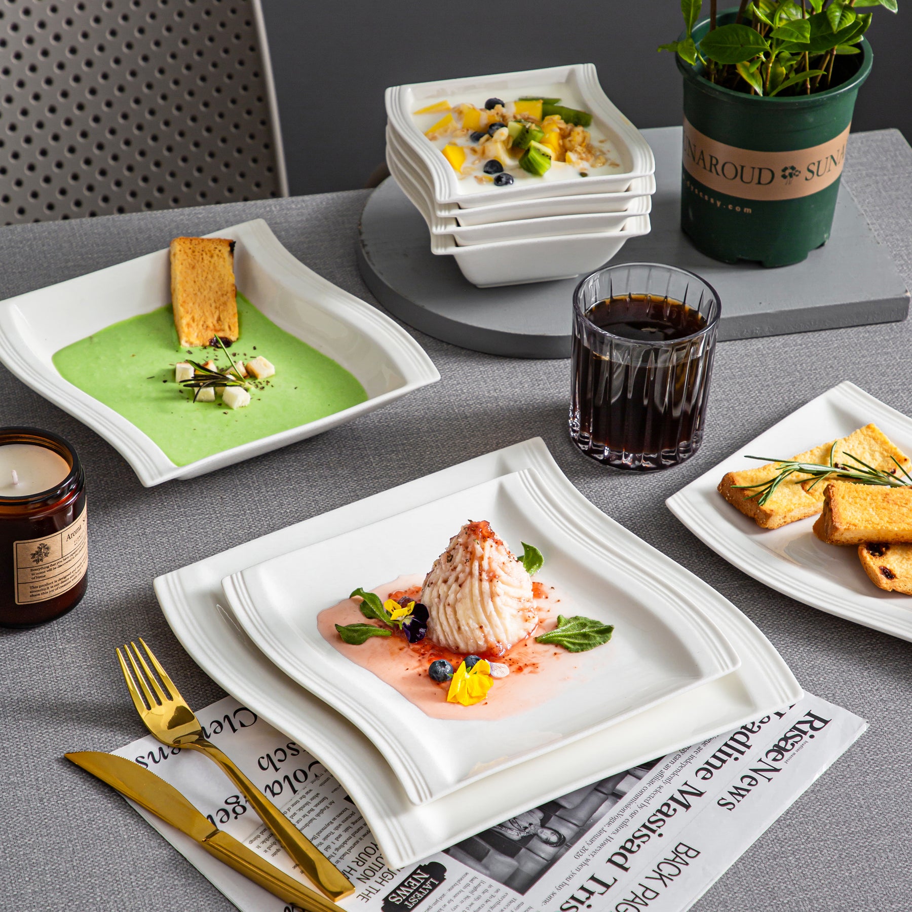MALACASA Elegant Flora 26-Piece Porcelain Dinnerware Set in Ivory White, The Wavy-Shaped Square Design Adds a Touch of Sophistication to Any Dining Occasion.