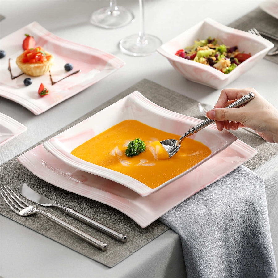 Flora 26-Piece Pink Marble Porcelain Dinnerware Set for 6