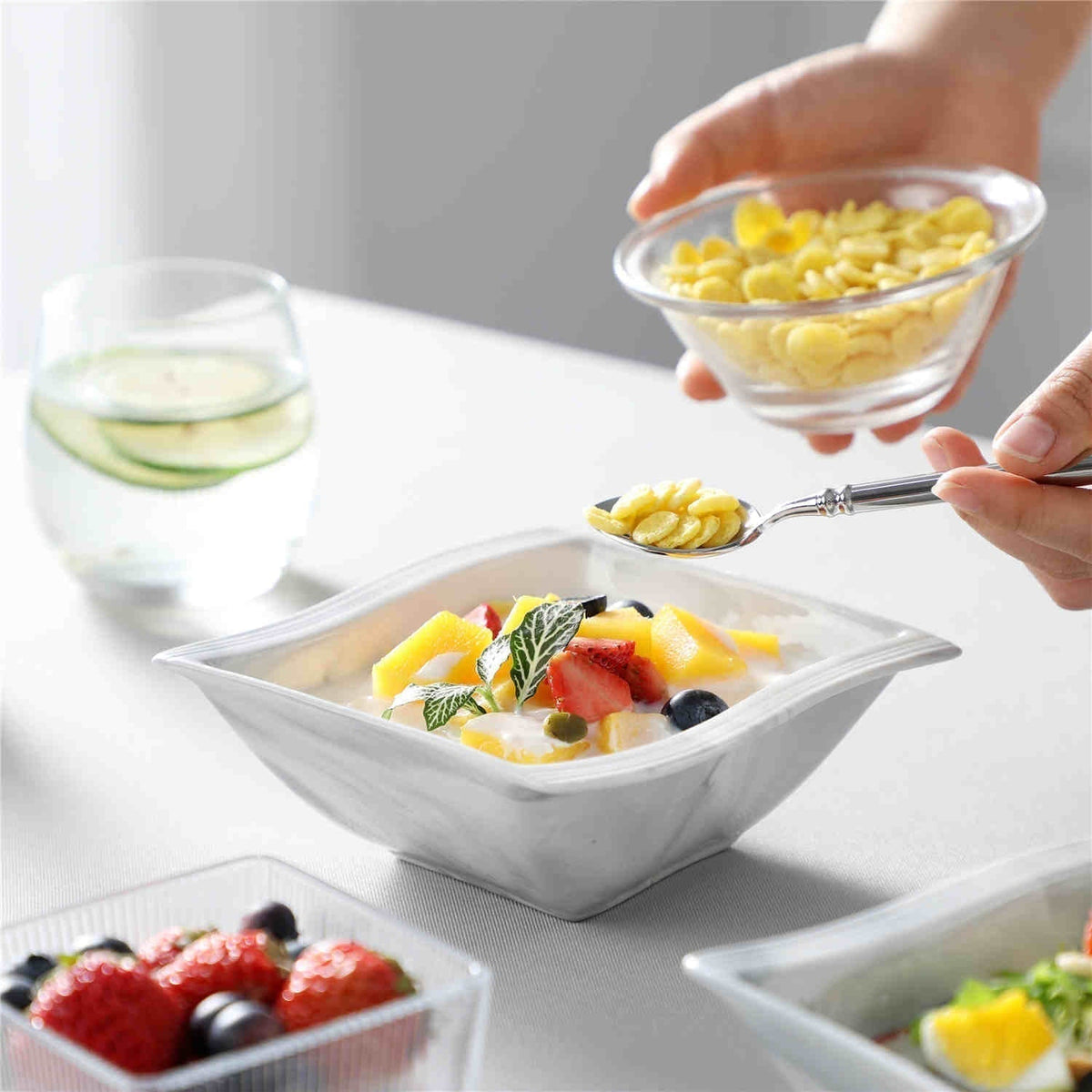 6-Piece Marble Grey Porcelain Cereal Bowls With Fluted Edges