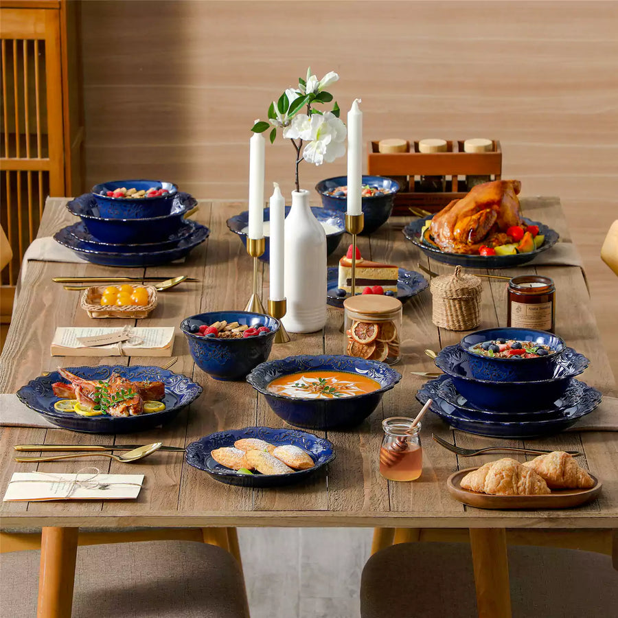 16-Piece Stoneware Dinnerware Set In Vintage Blue With Lace-Embossed Rim, Perfect For Stylish Daily Use.