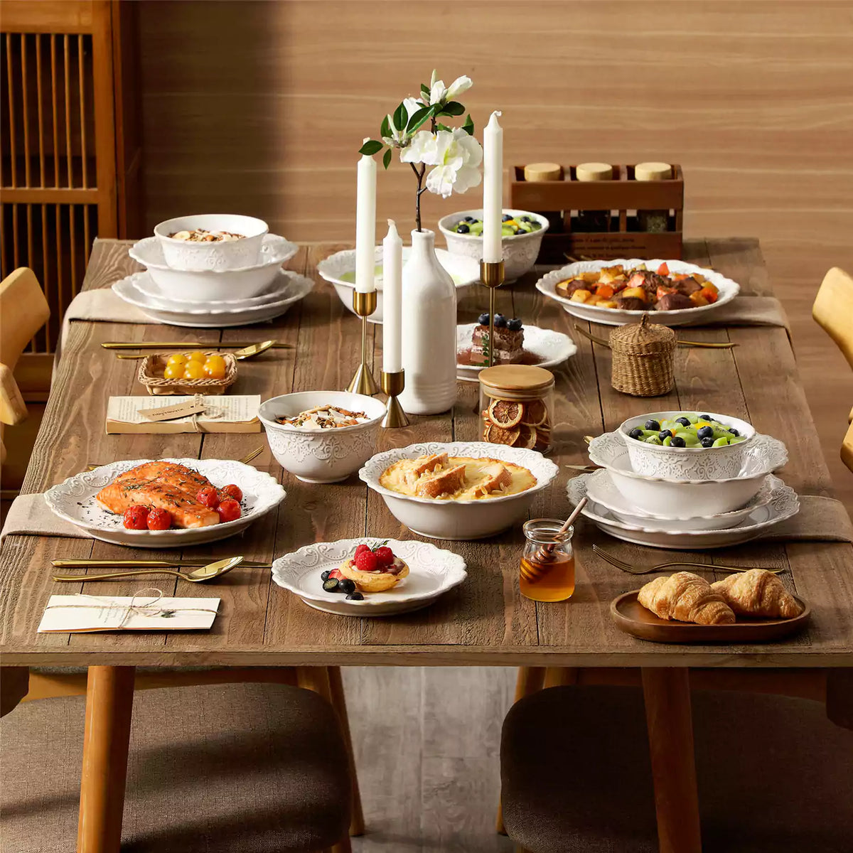 12-person dinnerware set for family and holiday meals, providing flexibility, uniformity, and convenience in modern table settings.