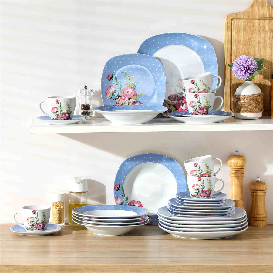 MALACASA Hannah 30 Piece Porcelain Dinnerware Set with Flower Pattern and White Dots